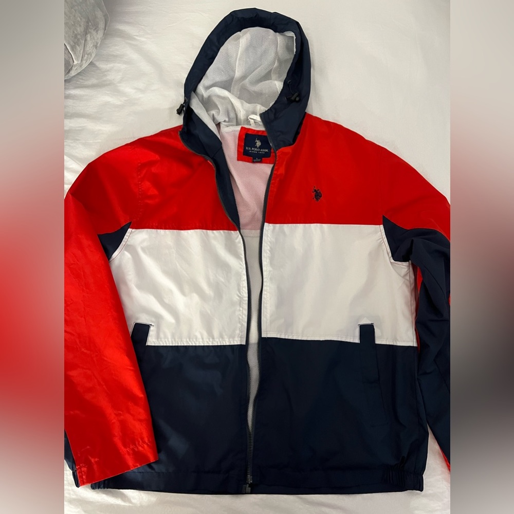 Mens US Polo Assn Red White Blue Lined Hooded Jacket